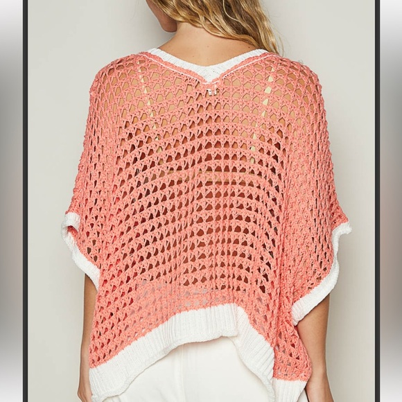 # 215 🧡Coral Open Knit Crochet Top with Floral Design - Picture 4 of 5